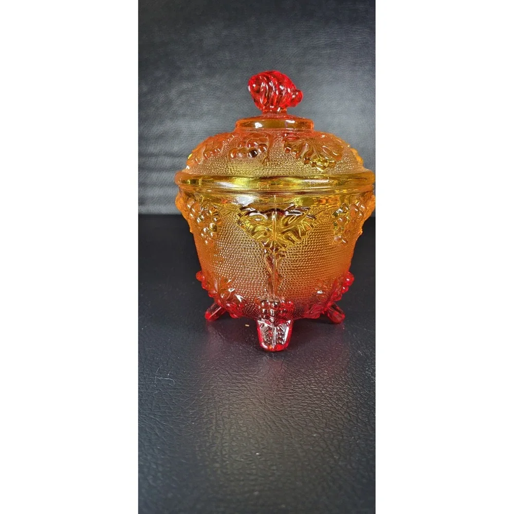 Vintage Jeannette Glass Amberina Glass Footed Candy Bowl Dish W Lid Grape